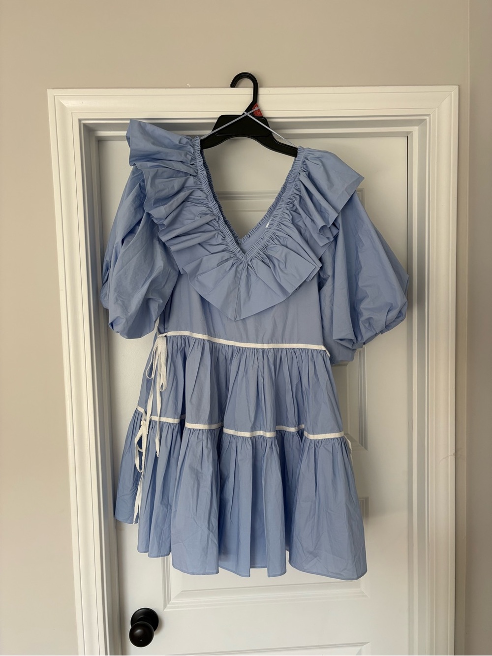 Ruffle V-Neck Sofie The Label Dress in Light Blue with white trim. Like new - Picture 4 of 5